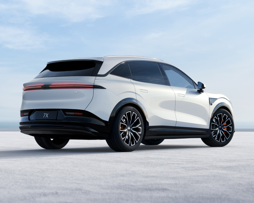 White Zeekr 7X electric SUV, rear three-quarter view, parked on a pale studio surface under a soft blue sky
