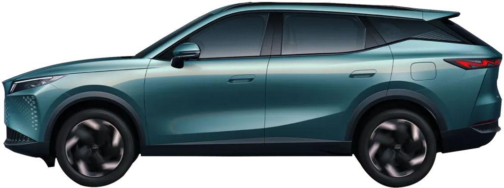 OMODA C7 SUV in teal green, side profile facing left, showing alloy wheels and red rear light on a white background