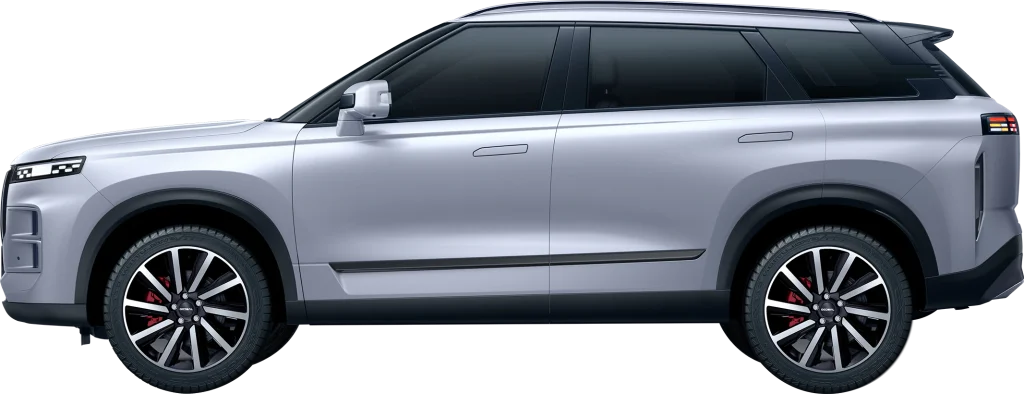 Silver Jaecoo J7 SUV in side profile against a plain white background, showing alloy wheels and dark tinted windows